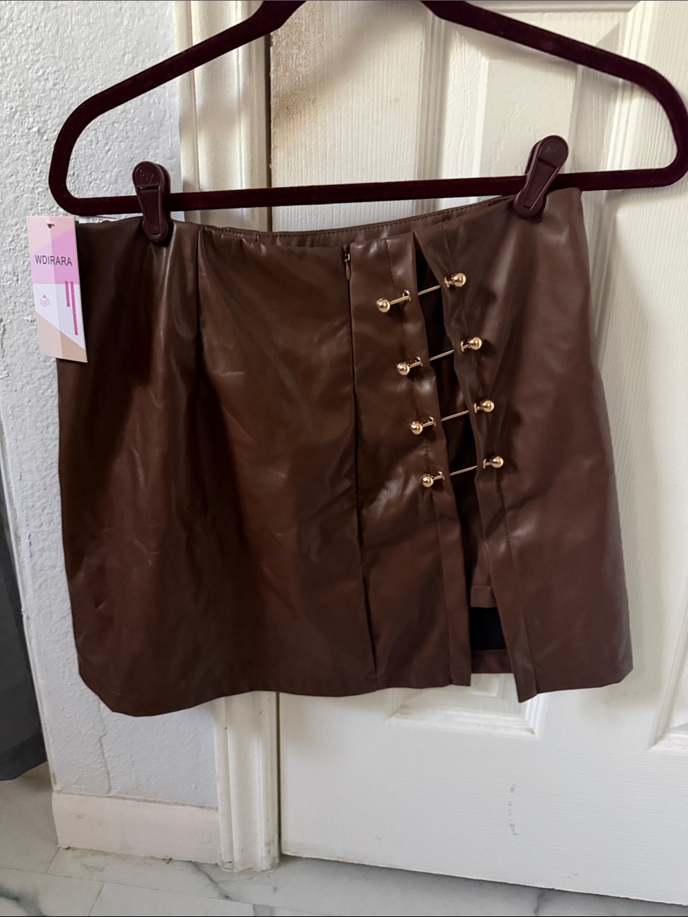 Brand New w/Tags Brown Faux Leather Mini Skirt with Gold Toggle Detail